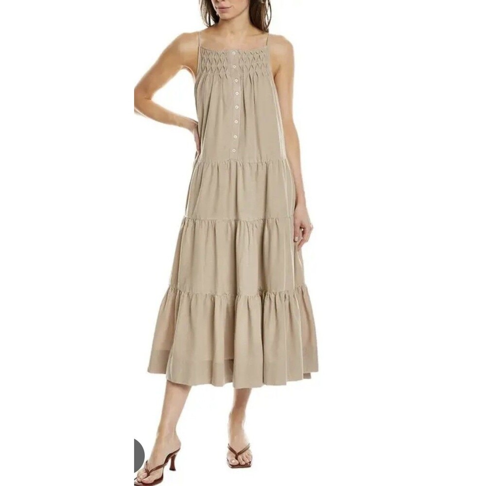 Elie Tahari Tiered Cotton Linen Blend Midi Dress Sleeveless Tan Size M Boho